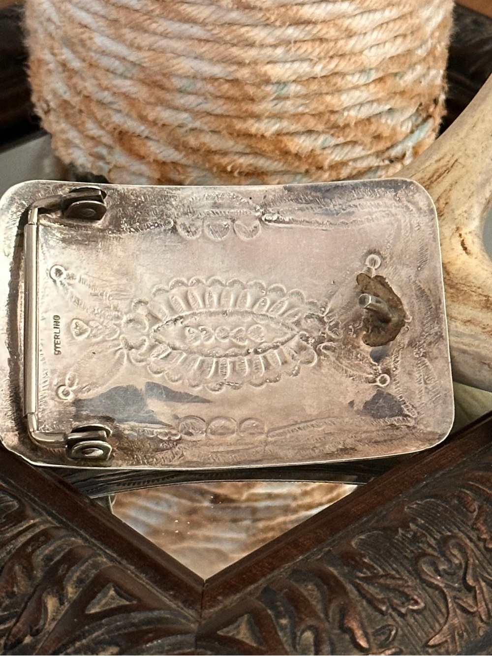 Native Sterling Silver Rectangular Belt Buckle - Intricate Stamped Design - Picture 5 of 6